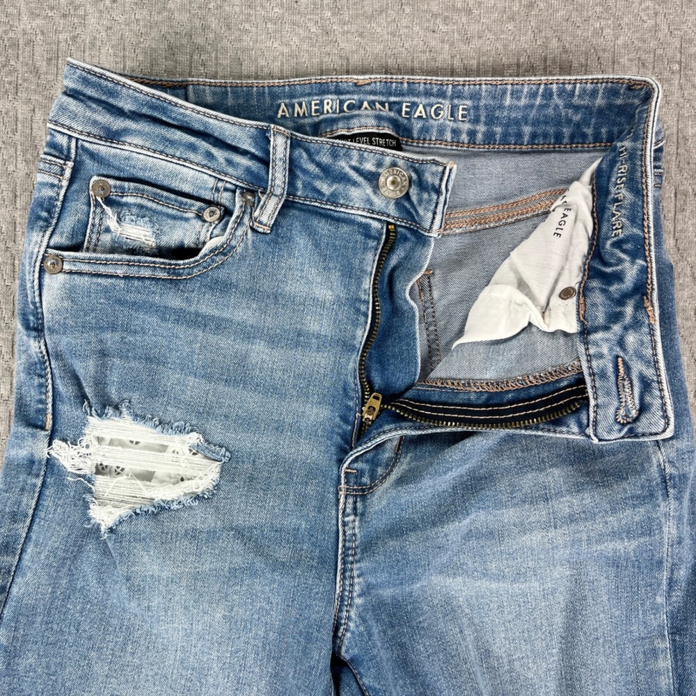 American Eagle Bootcut Flare Jeans Women 6/26x30 Blue Hi-Rise Distressed Raw Hem - Picture 13 of 13